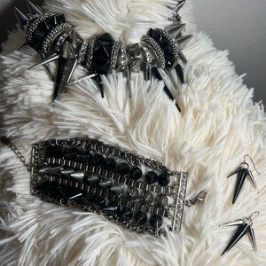 Layered Spike Chain Choker Necklace, Bracelet, and Earrings Statement Set